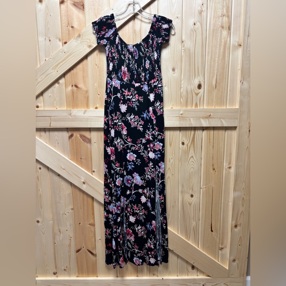 Express Black Floral Off The Shoulder Maxi Dress Double Slit XS